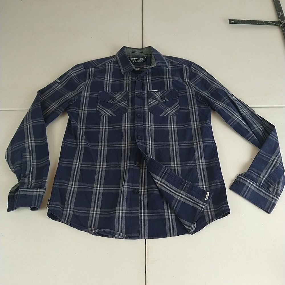 Superdry Premium Shirt‎ Men M Navy Plaid Button Down Cotton Durable Outdoors